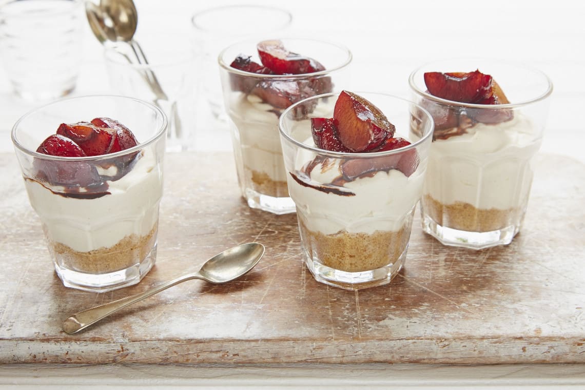 Vanilla Cheesecakes with Baked Plums