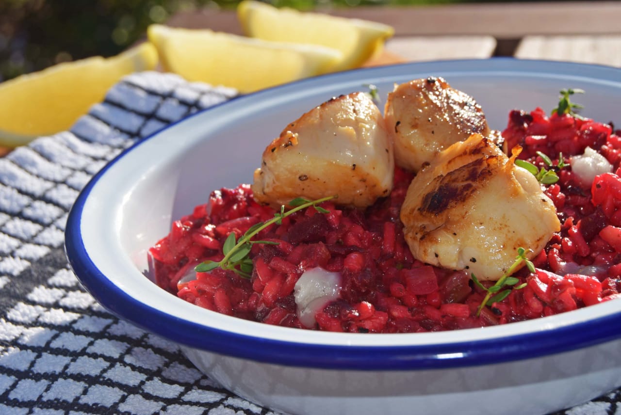 Beetroot Risotto with Pan Seared Scallops