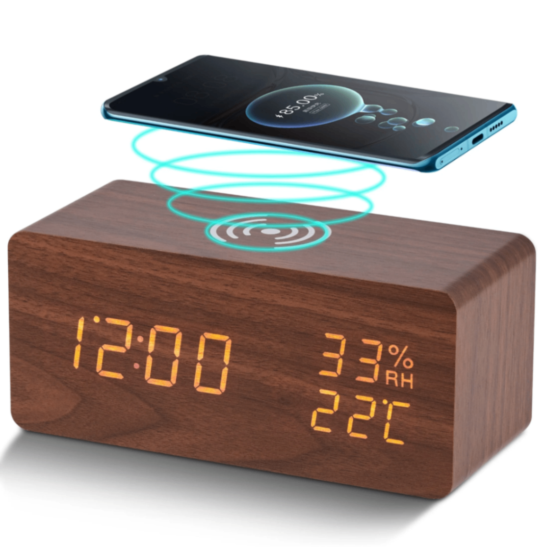 Modern Wooden Digital Alarm Clock & Wireless Charger