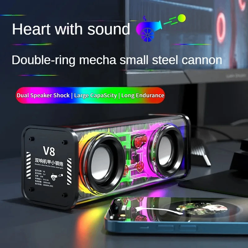 V8 Transparent RGB Bluetooth Speaker – Cyberpunk Mecha Wireless Sound System