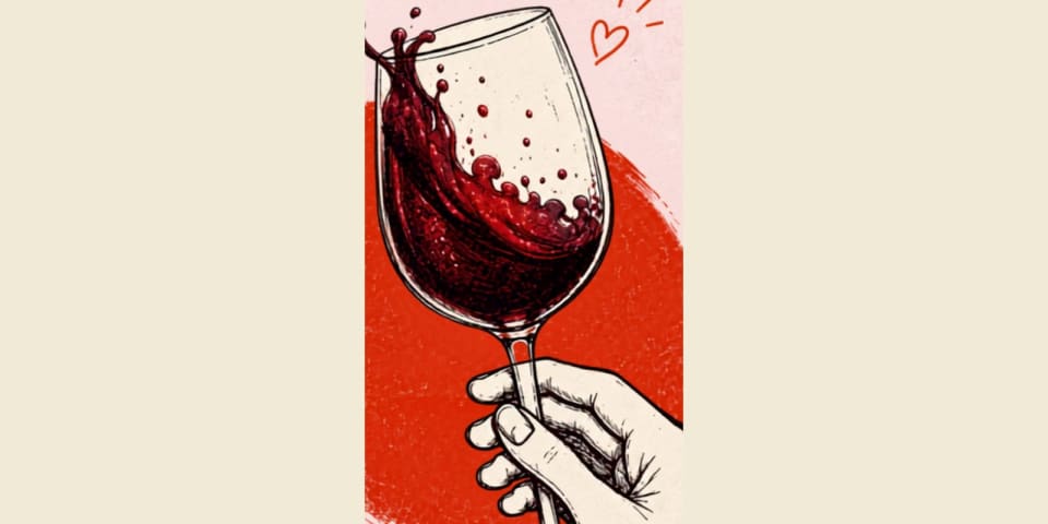 Hand-drawn illustration of a glass of red wine, splashing, from the Thursdate Nights artwork