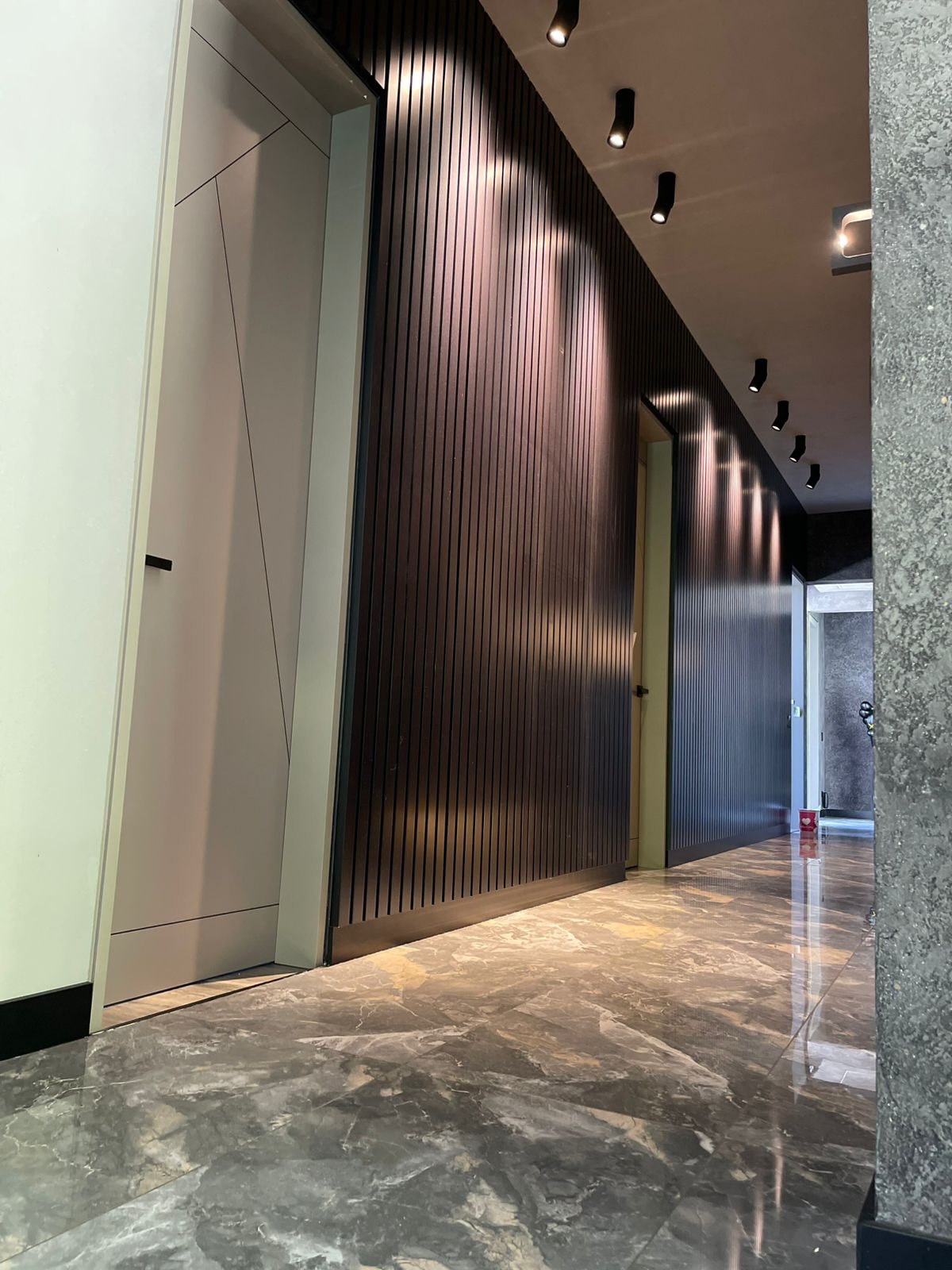 Pasillo con Panel de Madera e Iluminación Dirigida
