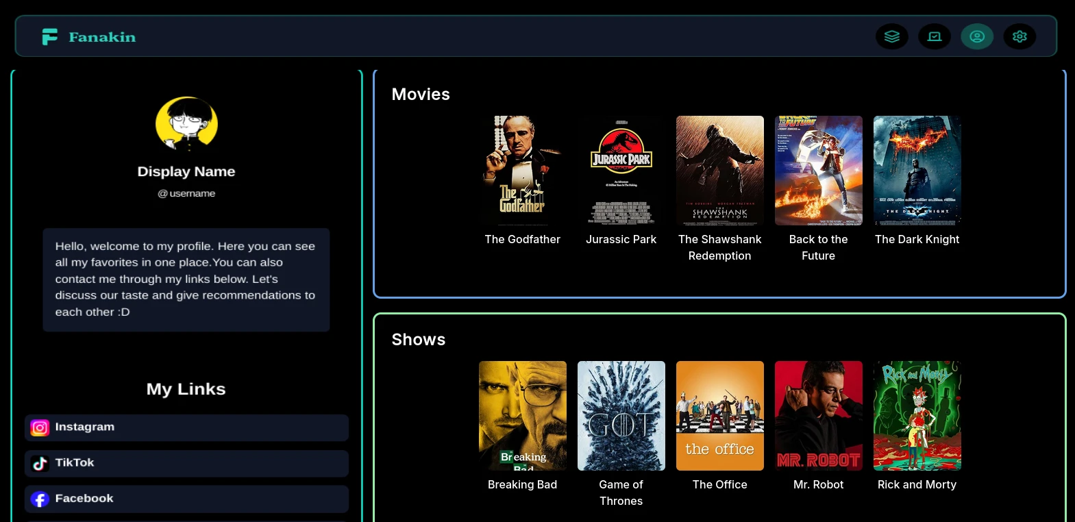 Profile showcase displaying user's favorite media in a grid layout