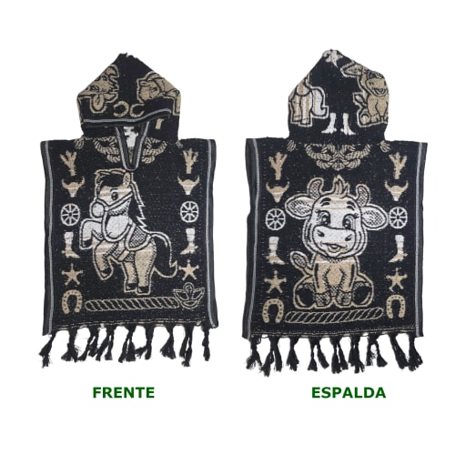 Gabán Artesanal Infantil - Diseño Caballito y Torito (Negro y Beige) - vista 3