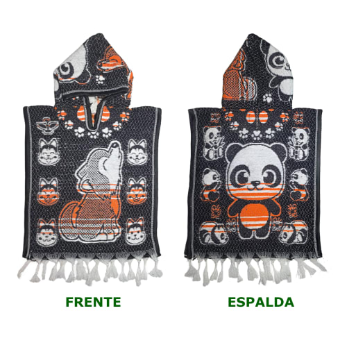 Gabán Artesanal Infantil - Diseño Lobo y Oso (Negro/Naranja) - vista 3