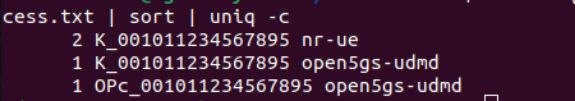 Raw-byte K and OPc attributed to only two processes: open5gs-udmd and nr-ue.