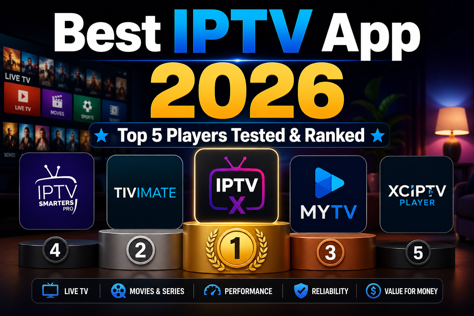 best IPTV app 2026 displayed on Android TV screen with channel guide