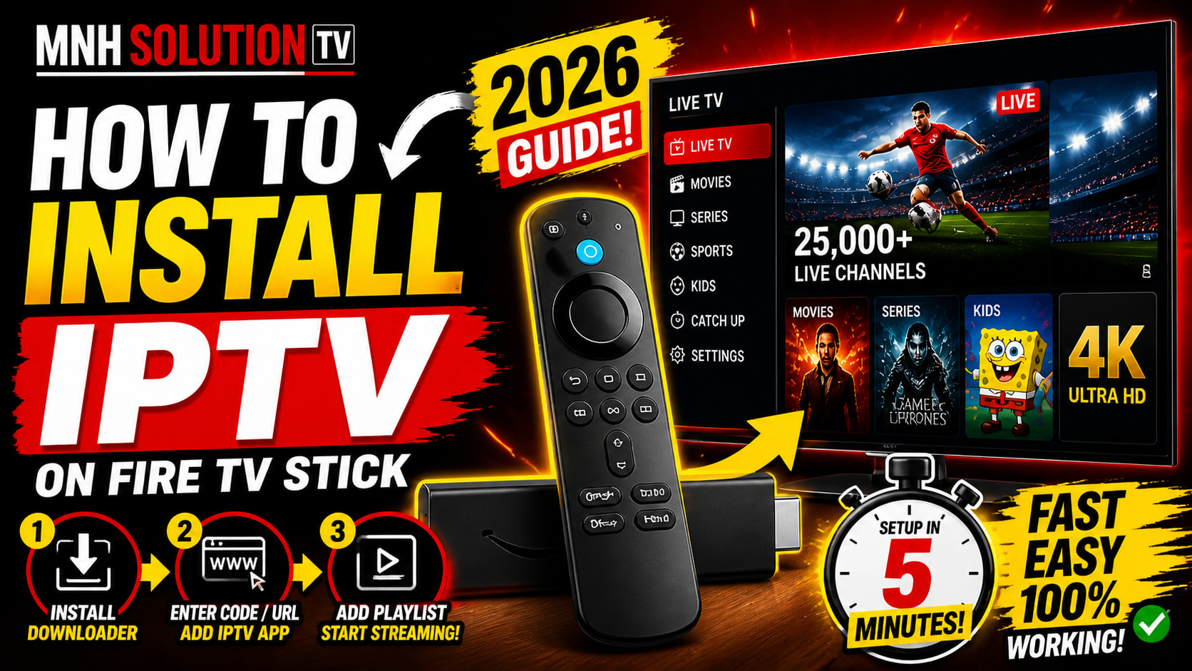 step by step guide to install IPTV on Fire TV Stick 2026 showing downloader app setup IPTV player and streaming interface
