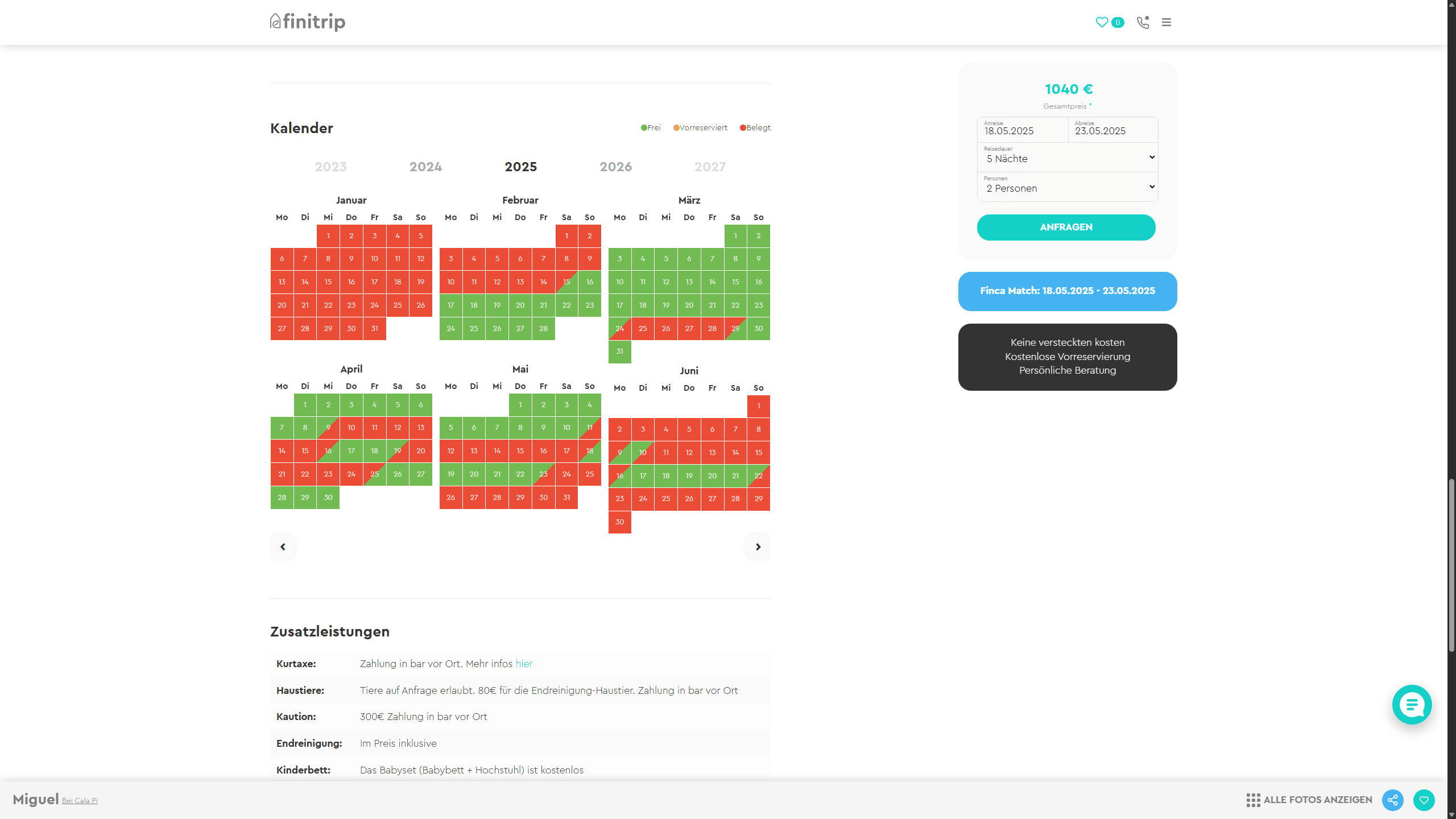 Calendar for available dates