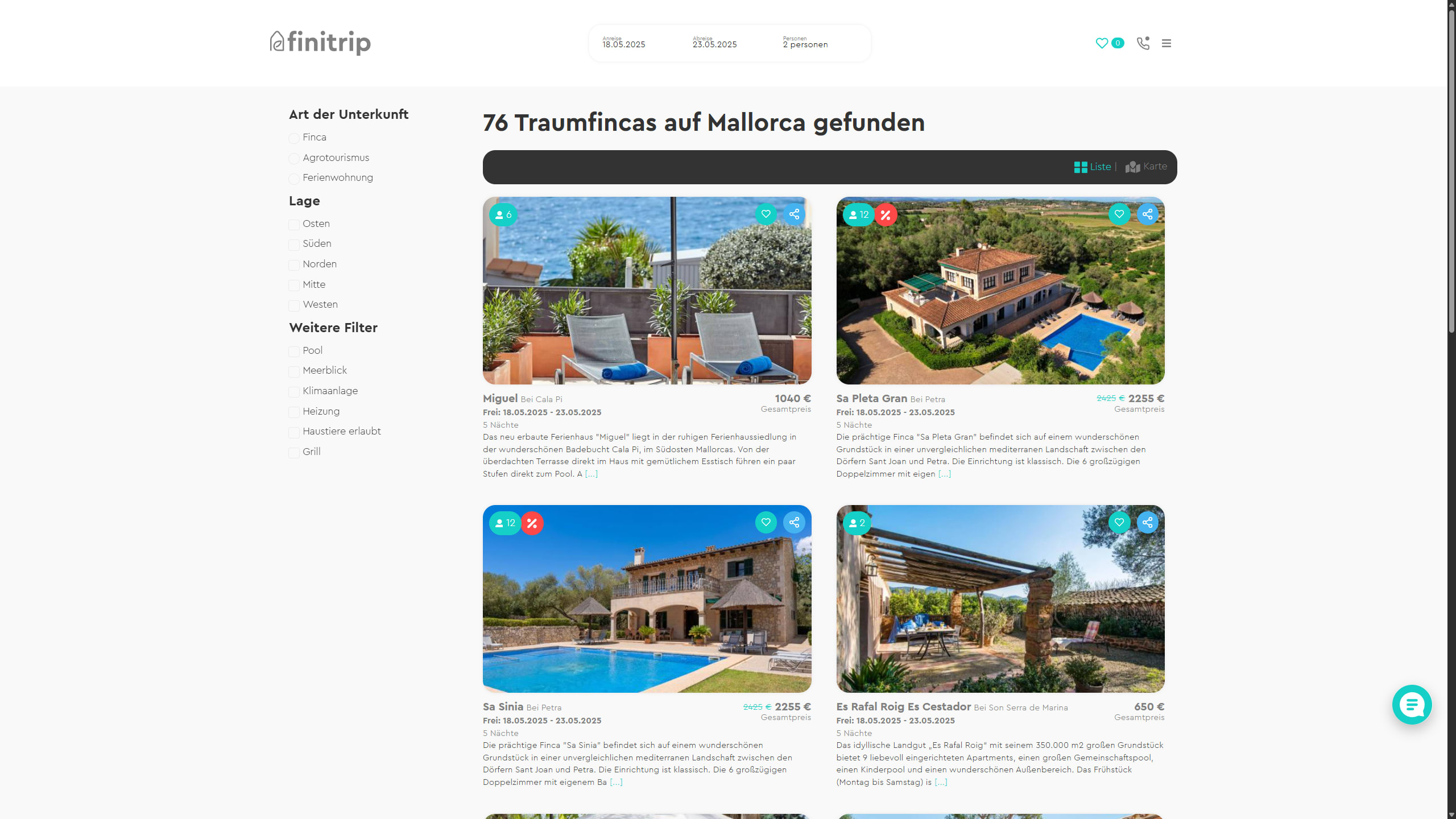 Catalog of farms, including important filters that can help the user in a correct search.