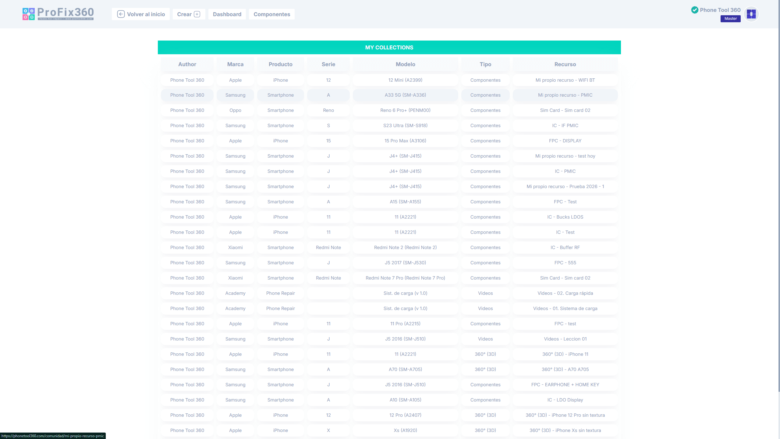 Table of user-created collections