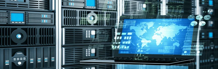 Graphic on laptop representing digital server managed at ServerMania