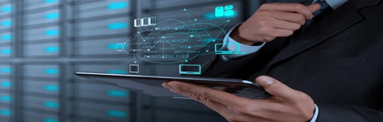 man holding tablet with graphic illustration of managed colocation services