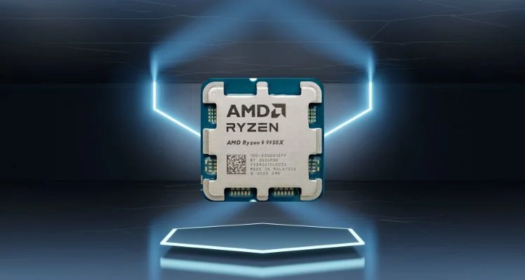 AMD Ryzen 9 9950X processor displayed in a futuristic setting with glowing blue neon lights.