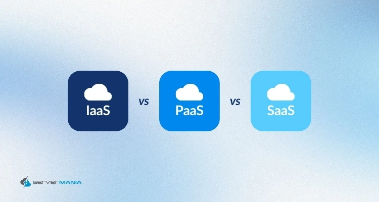 Rounded icons with clouds highlighting the differences between IaaS vs. PaaS. vs. SaaS