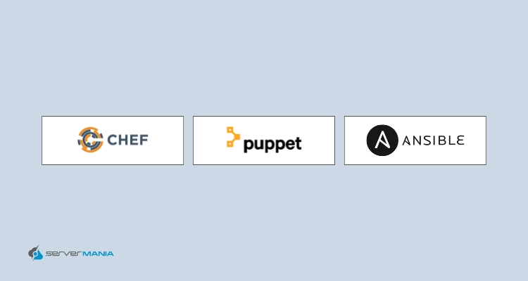 A graphic with a light blue background displaying three automation tool logos—Chef, Puppet, and Ansible—aligned horizontally in separate white-bordered boxes. The ServerMania logo is positioned in the bottom left corner.