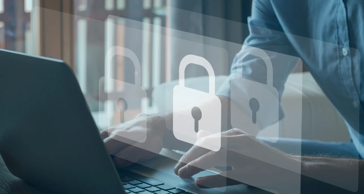 Close-up of a person typing on a laptop, with semi-transparent padlock icons overlaid, symbolizing cybersecurity, data protection, or secure access.