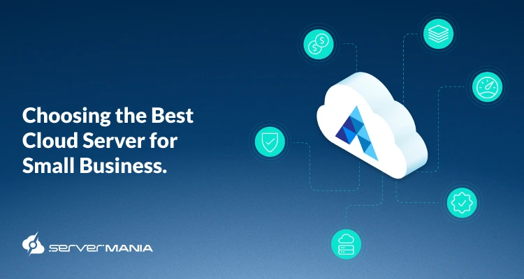 Illustration of cloud hosting benefits with icons for security, savings, flexibility, and mobile access, representing a cloud server for small business solutions.