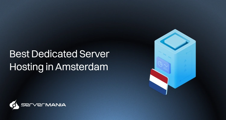 Hero banner advertising dedicated server hosting in Amsterdam, featuring a blue 3D server icon and a Netherlands flag beside it.