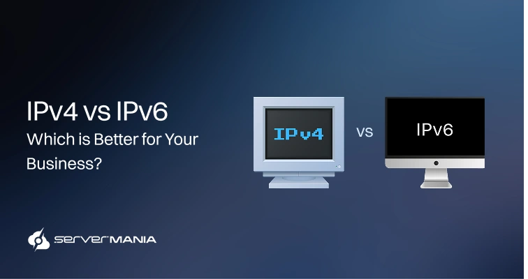 Comparison graphic: IPv4 vs IPv6 for business suitability, with two computer icons and 'IPv4 vs IPv6' title on a blue gradient background.