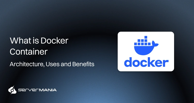 Hero header with Docker logo on a white rounded card to the right and the title “What is Docker Container” with subtitle “Architecture, Uses and Benefits” on a dark blue gradient background.