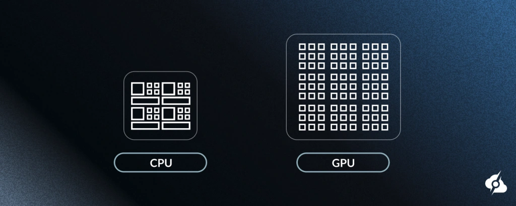Dark gradient graphic showing two labeled icons: a small grid labeled 'CPU' and a larger dense grid labeled 'GPU', illustrating the difference in compute parallelism.