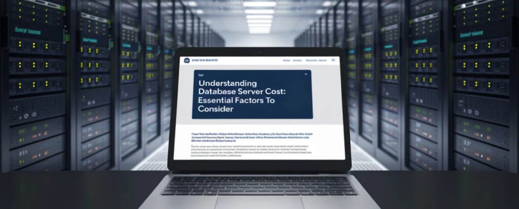 A featured image, of a laptop showing the essential factors to consider when budgeting a database server.