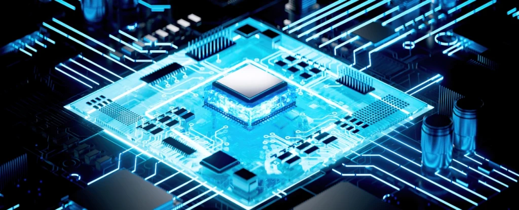 A glowing blue microchip surrounded by intricate circuit lines on a high-tech motherboard. The chip is illuminated, emphasizing its central importance in the futuristic and digital-themed design.