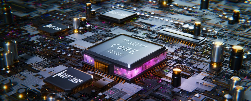 A high-tech motherboard featuring a prominent processor labeled 'Processor Pro Core' glowing with purple and white light. Surrounding components, including capacitors and smaller chips, reflect a futuristic and advanced technology aesthetic.