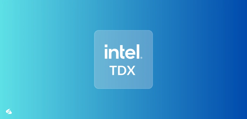 A gradient background transitioning from turquoise to deep blue, featuring a translucent square in the center with the white Intel® logo above the text 'TDX'. The image represents Intel® Trust Domain Extensions (TDX) technology.