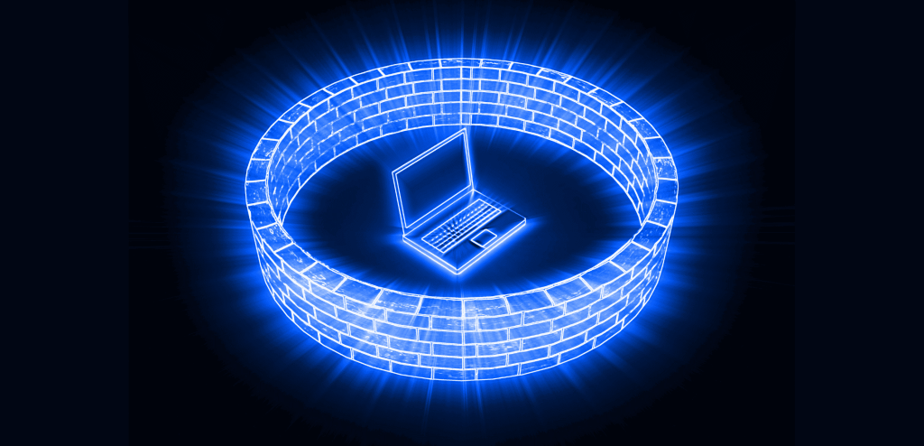 A decorative image showing a virtual wall surrounding a computer.
