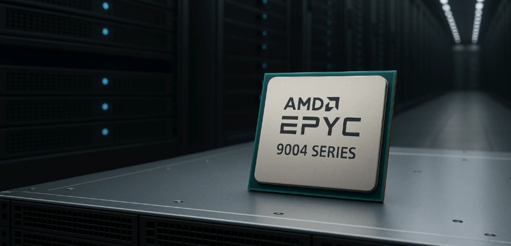 A decorative image showing the AMD EPYC 9004 series processor chip.
