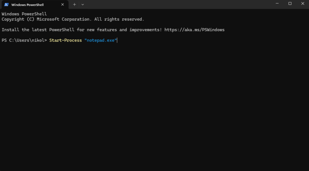 The image shows the Windows PowerShell, and the Start-Process cmdlet.