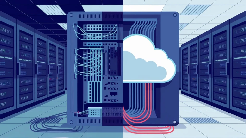 A minimalistic decorative image showing a dedicated server next to a cloud server.