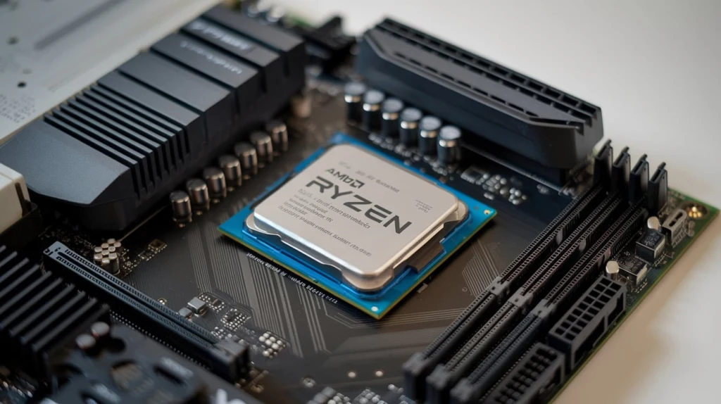 An image showing an AMD Ryzen CPU mounted on a motherboard.