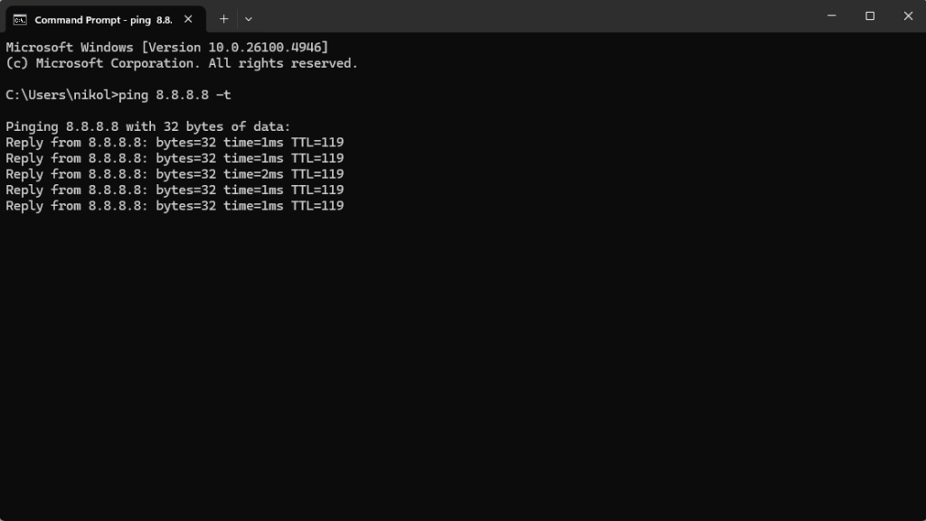 An informational image showing how to ping Google's DNS in the Windows Command Prompt using the line "ping 8.8.8.8 -t".