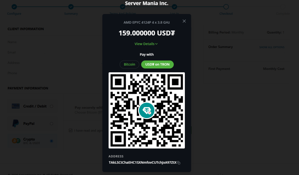 ServerMania USDT Checkout Page