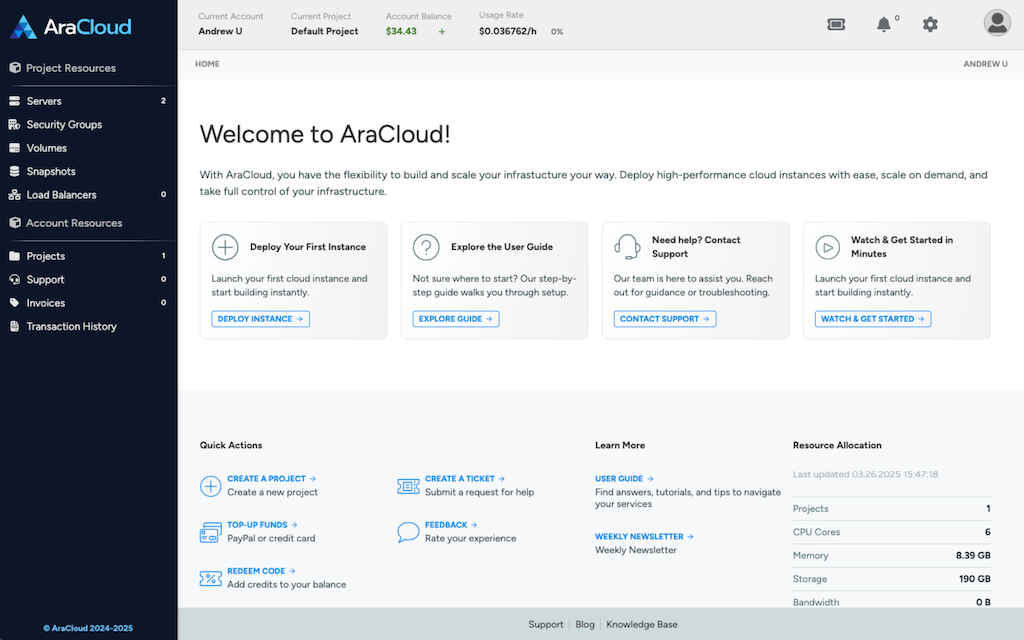 Screenshot of the AraCloud portal