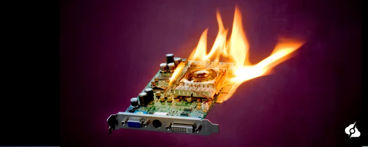 A decorative image visualizing a burning video card due to thermal throttling.
