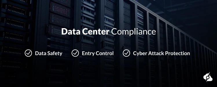 An image showing the most important compliance factors "Data Safety", "Entry Control" and "Cyber Attack Protection".