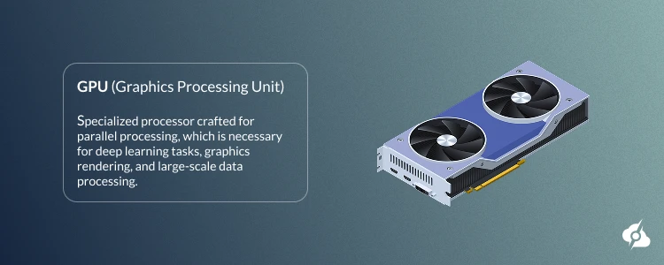 Blue-green banner showing a boxed definition titled ‘GPU (Graphics Processing Unit)’ describing its use for parallel processing and deep learning, with an isometric dual-fan GPU illustration on the right and the ServerMania logo in the corner.