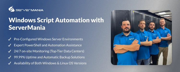 A CTA image listing the ServerMania advantages for Windows server automation.