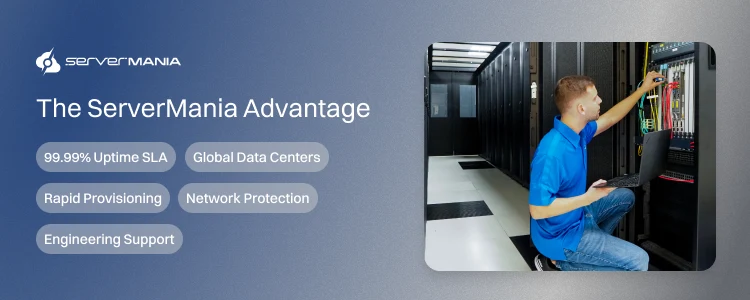 A CTA image listing the ServerMania advantages.