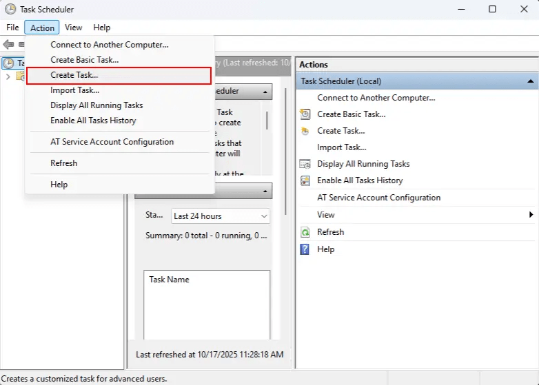 A informational image showing how to "Create a Task" in Windows Task Scheduler.