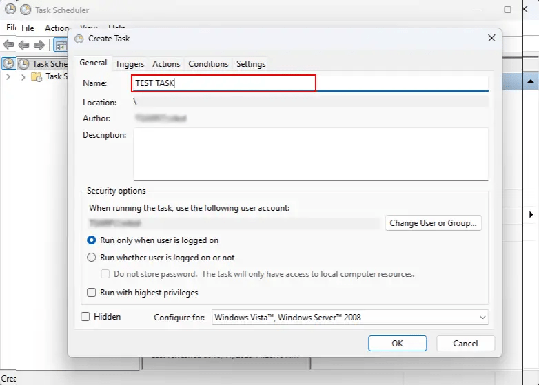 A informational image showing how to name a task in Windows Task Scheduler.