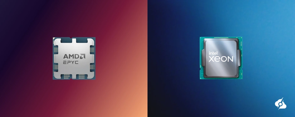 Split background, warm gradient on the left and cool blue on the right, showing an AMD EPYC chip icon on the left and an Intel Xeon chip icon on the right, with the ServerMania logo in the corner.