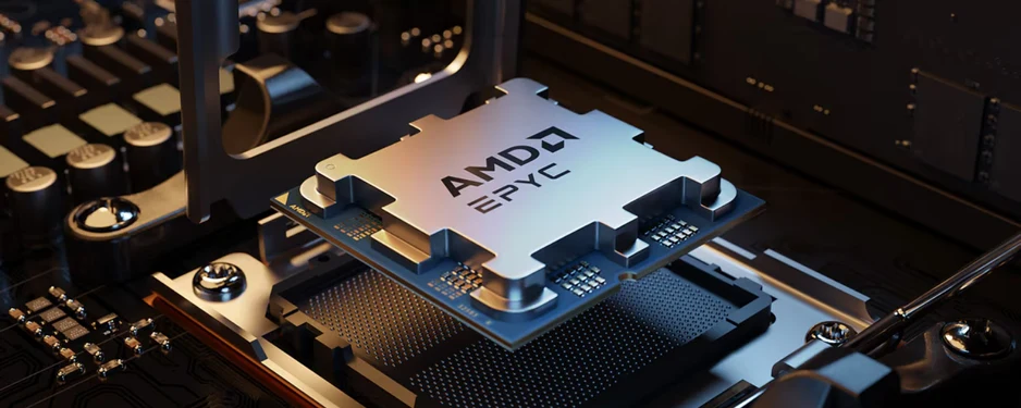 Cinematic close-up of an AMD EPYC processor being seated on a motherboard — a silver EPYC heatspreader with the AMD logo, visible socket pins and surrounding motherboard components lit by warm studio lighting.