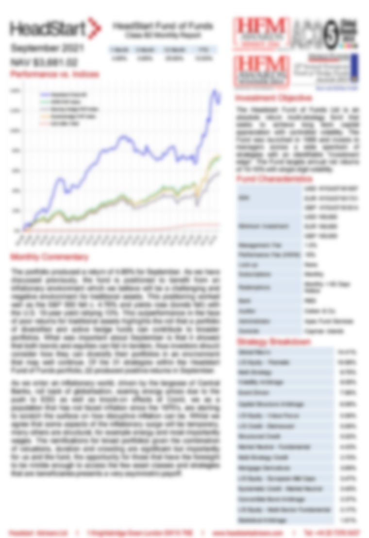 HeadStart Fund Of Funds Ltd. - Performance Update September 2021 