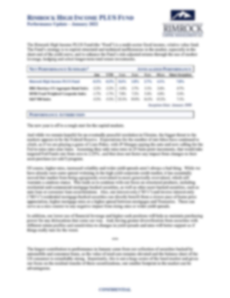 Rimrock High Income PLUS Fund - Performance Update January 2022
