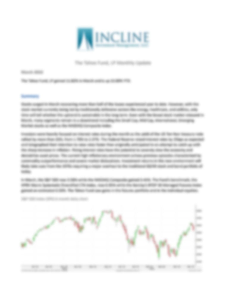 Incline Investment Management - Tahoe Fund, LP Systematic Hybrid - Performance Update March 2022